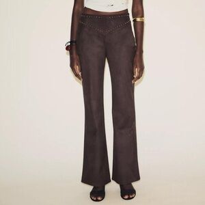 NWT Zara Faux Suede Stud Detail Flare Pants in Chocolate Brown - M